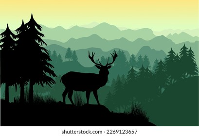 Landscape: forest with deer, mountains and meadow