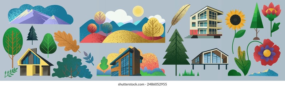 Landscape forest. Farm nature, flat illustration, watercolor design, flower and leaves June. Mountain, tree and architecture house, people village. Nature scenery. Vector card cartoon isolated set