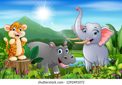 Landscape forest with happy animals cartoon