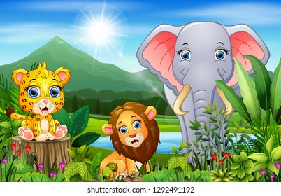 Landscape forest with happy animals cartoon