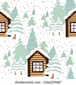 Landscape with forest, house on a white background. Vector seamless pattern. New year illustration.

