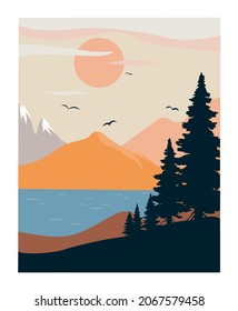 landscape with forest, lake and mountains. Vector illustration