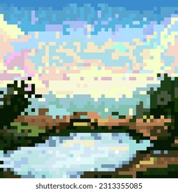 landscape, forest and lake, in pixel art style