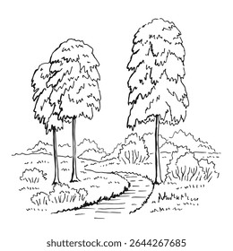 Paisagem, floresta e prado. Ilustração de vetor desenhada à mão.