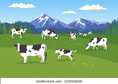 Landscape with forest, meadow, mountains and pasturing herb of cows in various poses