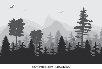 Landscape with forest and mountain, fog, trees.
