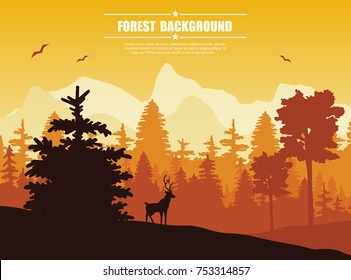 Landscape with forest and mountain, fog, trees and deer