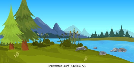 landscape forest mountain river outdoor nature background flat horizontal vector illustration