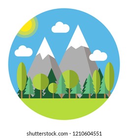 Landscape with forest and mountains in the background. Vacation and tourism vector illustration