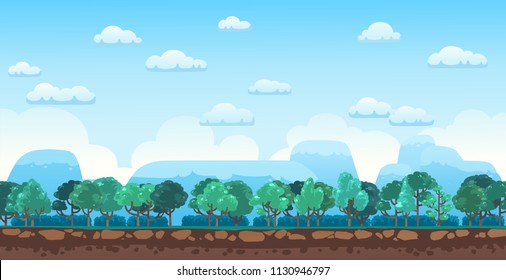 Landscape of forest and mountains with bright blue sky. Cute flat cartoon. Vector illustration.