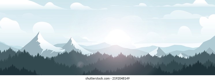 Landscape of forest and mountains in the morning, against the sky with good weather. Vector nature background images.