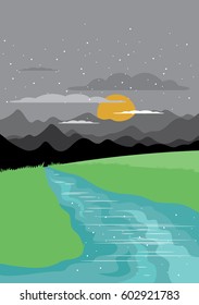 Landscape with forest and mountains. Night with moon. Vector illustration

