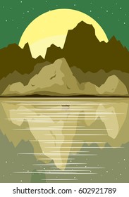 Landscape with forest and mountains. Night with moon. Vector illustration

