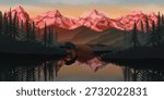 A landscape with a forest, mountains, river, lake at sunset