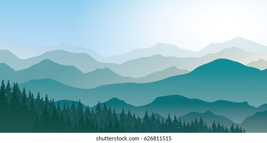 Landscape of Forest and Mountains in Summer Morning Vector Illustration.