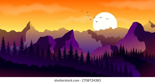 Uma paisagem com uma floresta, montanhas, sol e nuvens ao pôr do sol. A paisagem é em tons de laranja e roxo.