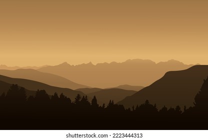 Landscape of forest and mountains at sunset. Wallpaper in dark colors