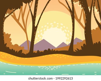 landscape forest mountains trees river
