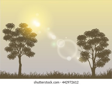  landscape of  forest & mountains,black Tree Silhouette.