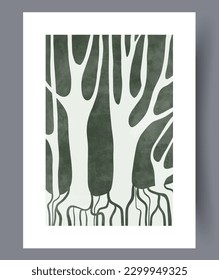 Landscape forest mysterious trees wall art print. Contemporary decorative background with trees. Wall artwork for interior design. Printable minimal abstract forest poster.