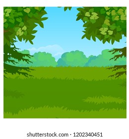 Landscape With Forest On The Horizon And Green Grass Meadow. Vector Cartoon Close-up Illustration.