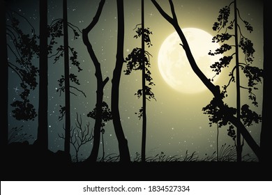 Landscape with forest on moonlight night. Navy green mysterious background with full moon in starry sky. Horizontal vector illustration for use in polygraphy, textile, design, interior decor