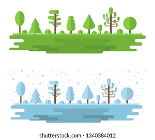Landscape of Forest, Park, Alley with Different Trees. Summer and Winter Forest Panorama, Outdoor. Flat Style. Vector illustration isolated on white background.