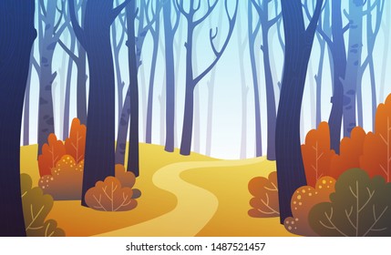 Landscape of forest path in autumn with orange bushes and blue trees. Background illustration in vector.