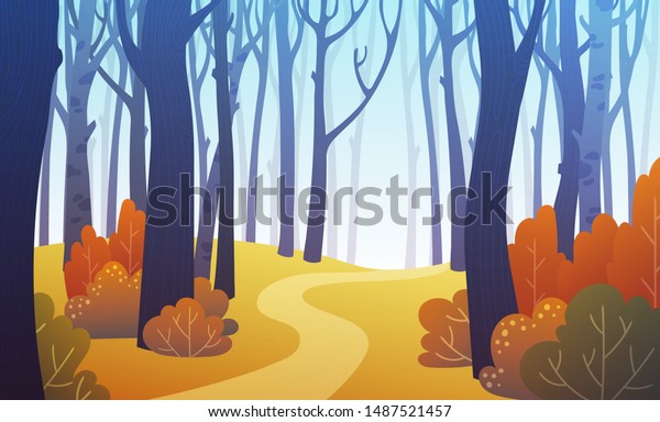 Landscape of forest path in autumn with orange bushes and blue trees. Background illustration in vector.