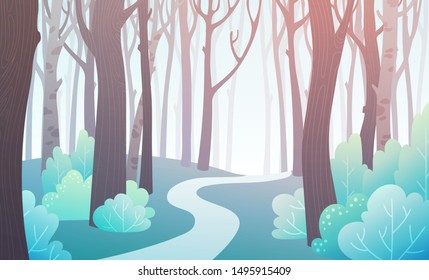 Landscape of forest path in spring with blue green bushes and pink trees. Background illustration in vector.