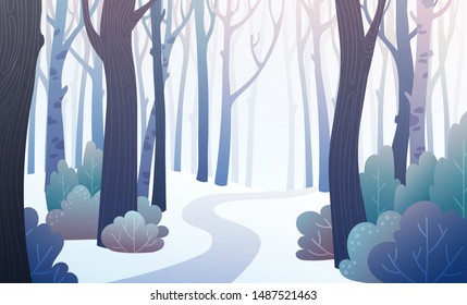 Landscape of a forest path in winter with frozen bushes and snow.
Background illustration in vector. 