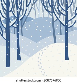 Landscape of a forest path in winter with frozen trees and snow. Background illustration in vector flat hand drawn style.