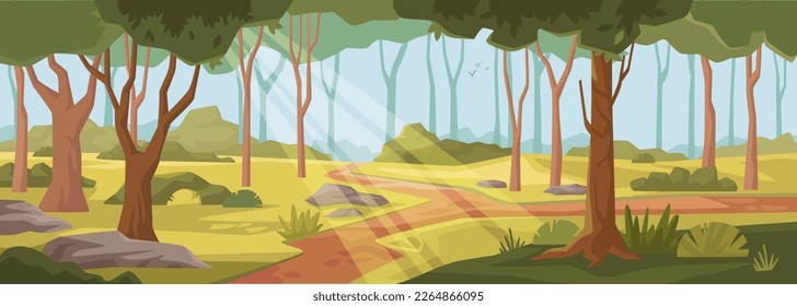 Landscape in forest with pathway and sunshine shining through thick tree foliage. Nature and wilderness, park zones. Flat cartoon, vector illustration