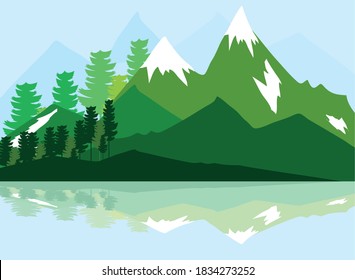 landscape forest peaks snowy rocks and beautiful reflection vector illustration