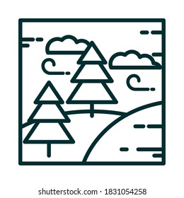landscape forest pine trees hills wind weather clouds cartoon line icon style vector illustration