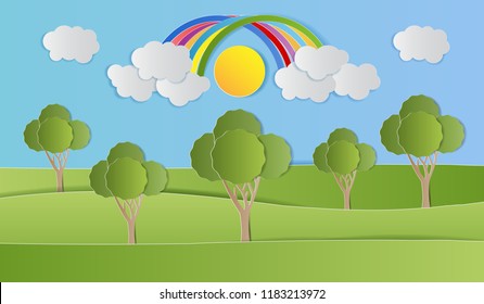 Landscape of forest with rainbow, sun, cloud and blue sky, environment friendly, Paper art style. Vector illustration