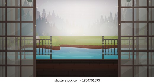 Landscape of a forest with a river in the morning near the house. View of the forest from the veranda of the villa. Cartoon style. Vector illustration