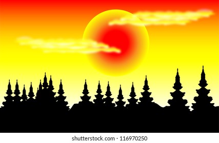 Landscape, forest at sunset - vector illustration .