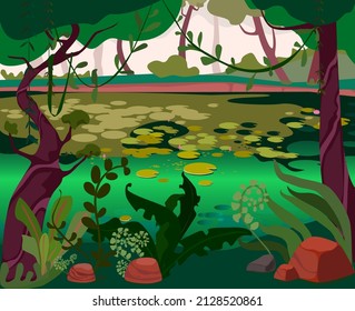 landscape forest and swamp, cartoon style, vector illustration