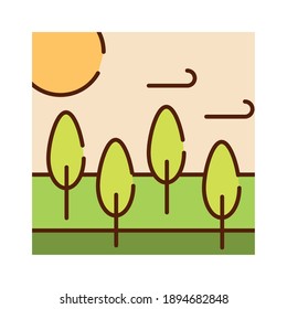 landscape forest trees meadow sky sun nature cartoon, vector illustration filled line flat colors