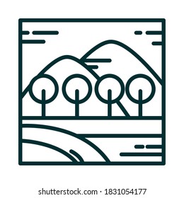 árboles boscosos paisajísticos montañas campo de río escena naturaleza línea de icono ilustración vectorial