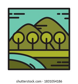 landscape forest trees mountains river field scene nature line and fill style vector illustration