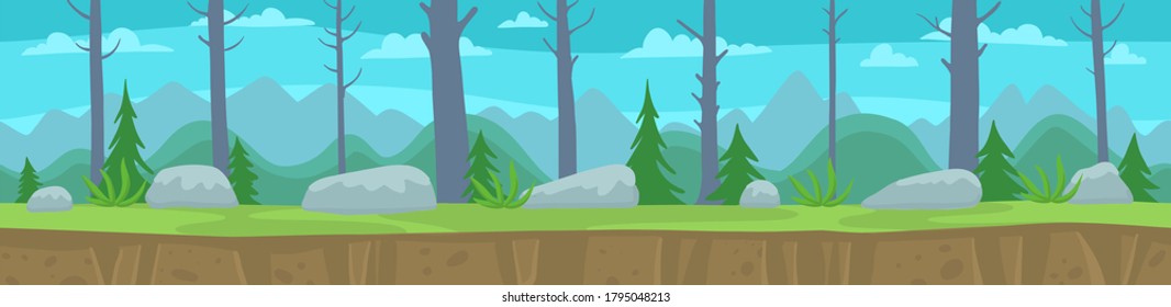 Landscape with a forest trees and mountains. Seamless pattern. Unending vector flat layers. Parallax ready. Game background.