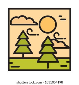 landscape forest trees wind clouds sun sky cartoon line and fill style vector illustration