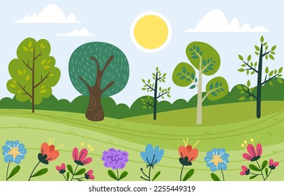 Landscape forest vector spring plant flower tree cartoon nature concept. Vector design graphic illustration
