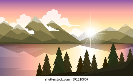 The landscape of forests, mountains and lake.