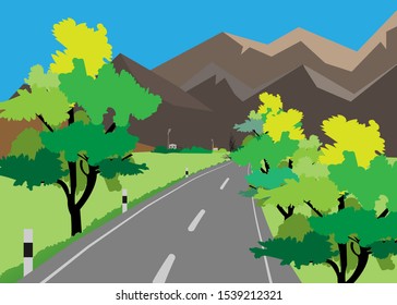 The landscape of forests, mountains and roads.