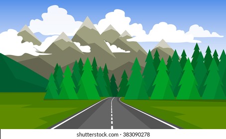 The landscape of forests, mountains and roads.