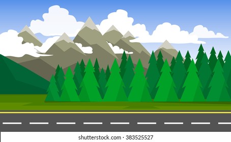 The landscape of forests, mountains and roads.