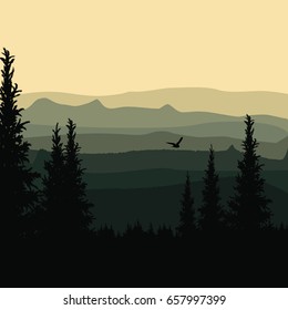 The landscape of forests and mountains. Vector illustration.
